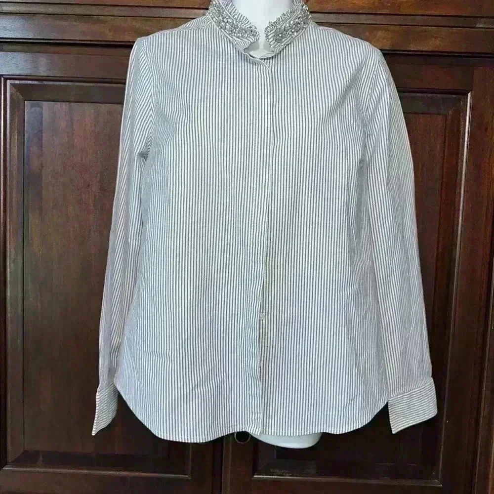 Elle Button Down Shirt Women’s Size 12 / Stripes w/ Rhinestone Neck